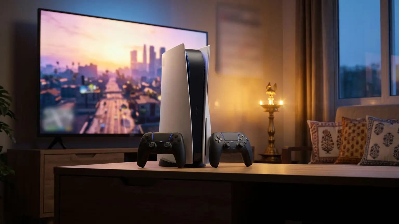 A white games console between two black controllers on a wooden table in front of a TV at dusk, with a brass lamp lit beside it