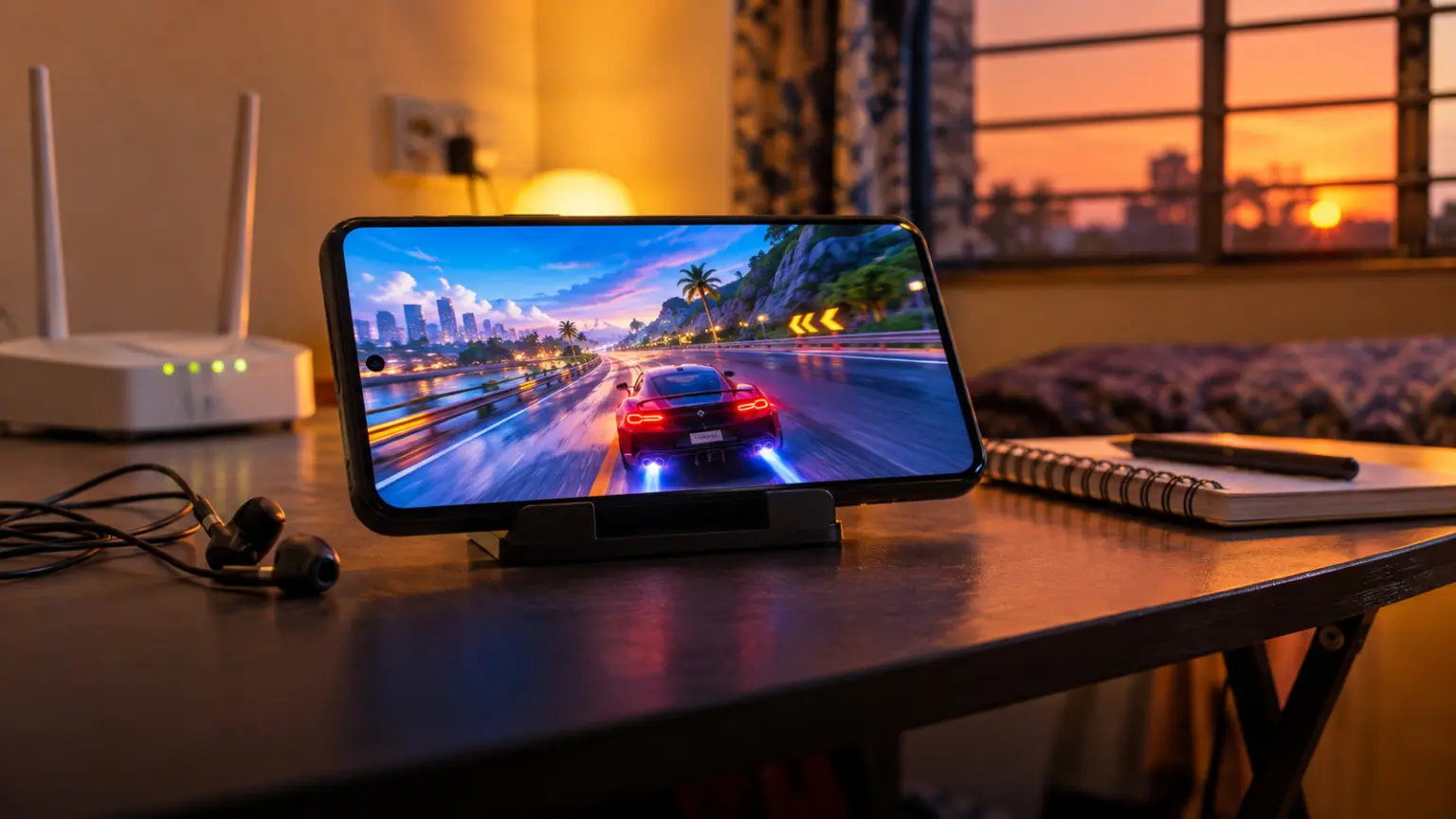Phone in landscape on a cheap stand streaming a racing game, with a basic router and earphones nearby
