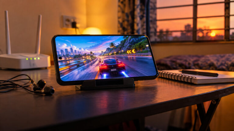Phone in landscape on a cheap stand streaming a racing game, with a basic router and earphones nearby
