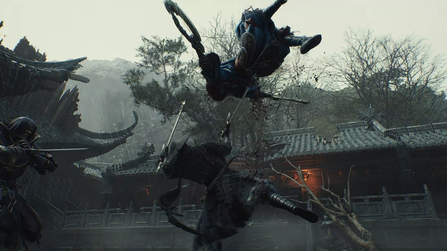 Phantom Blade Zero: fighters leap through the air above temple rooftops