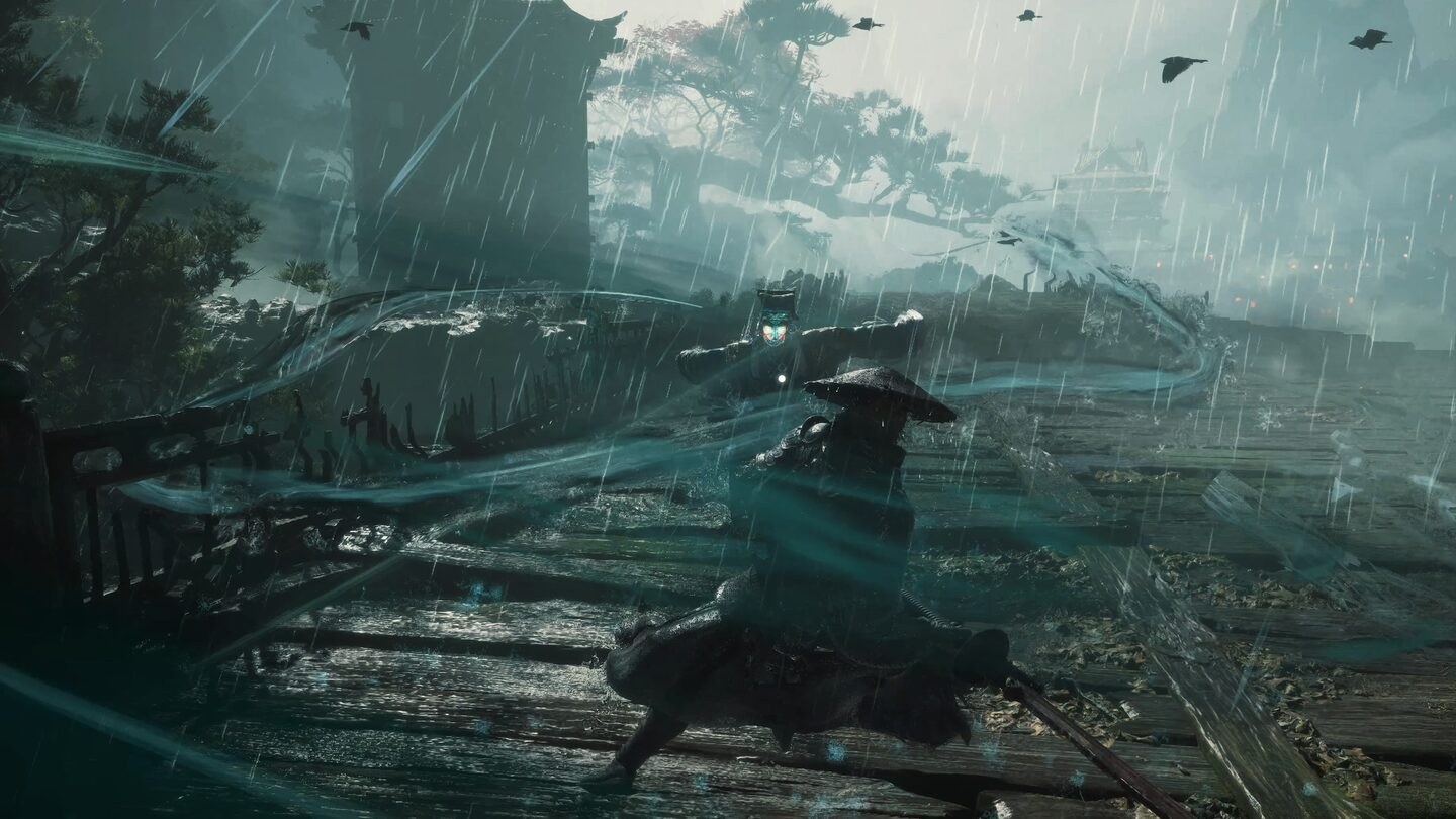 Phantom Blade Zero: Soul strikes through a rain storm on a wooden platform