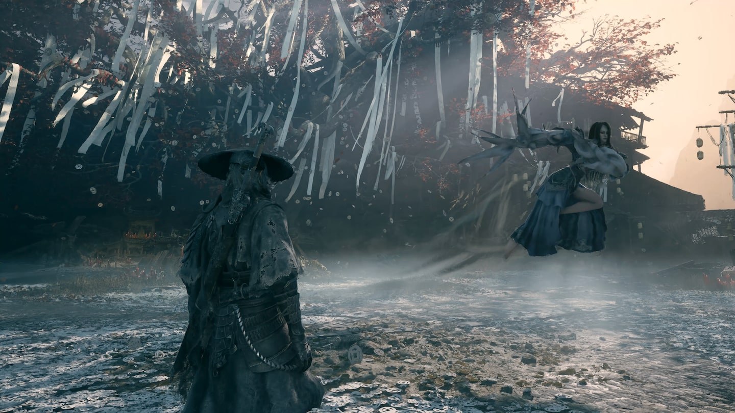 Phantom Blade Zero: Soul in a straw hat faces a floating swordswoman over a river