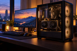 Black mid tower PC with a glass side and dual fan graphics card beside a 27 inch monitor at dusk