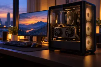 Black mid tower PC with a glass side and dual fan graphics card beside a 27 inch monitor at dusk