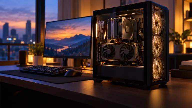 Black mid tower PC with a glass side and dual fan graphics card beside a 27 inch monitor at dusk