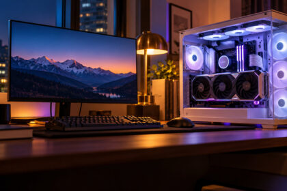 White glass gaming PC with RGB fans and a large graphics card on a walnut desk beside a 4K monitor