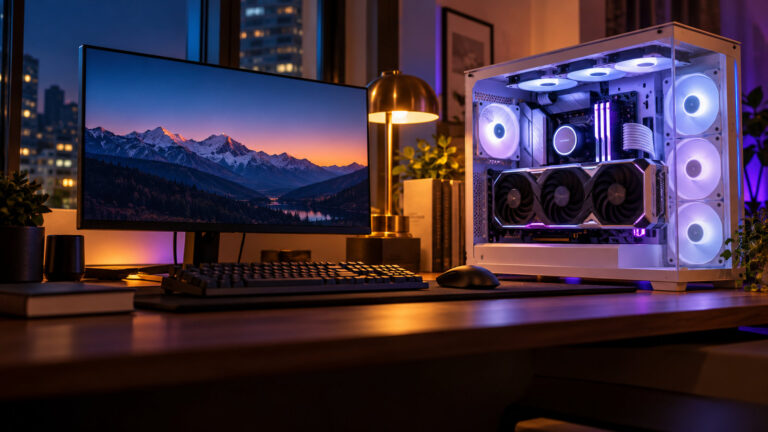 White glass gaming PC with RGB fans and a large graphics card on a walnut desk beside a 4K monitor