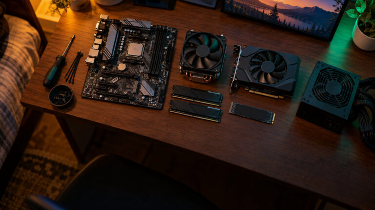 Budget PC parts laid out on a wooden desk, motherboard, CPU, RAM, SSD, small graphics card and power supply