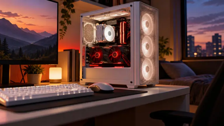 White mesh front gaming PC with a glowing dual fan graphics card on a white desk at dusk