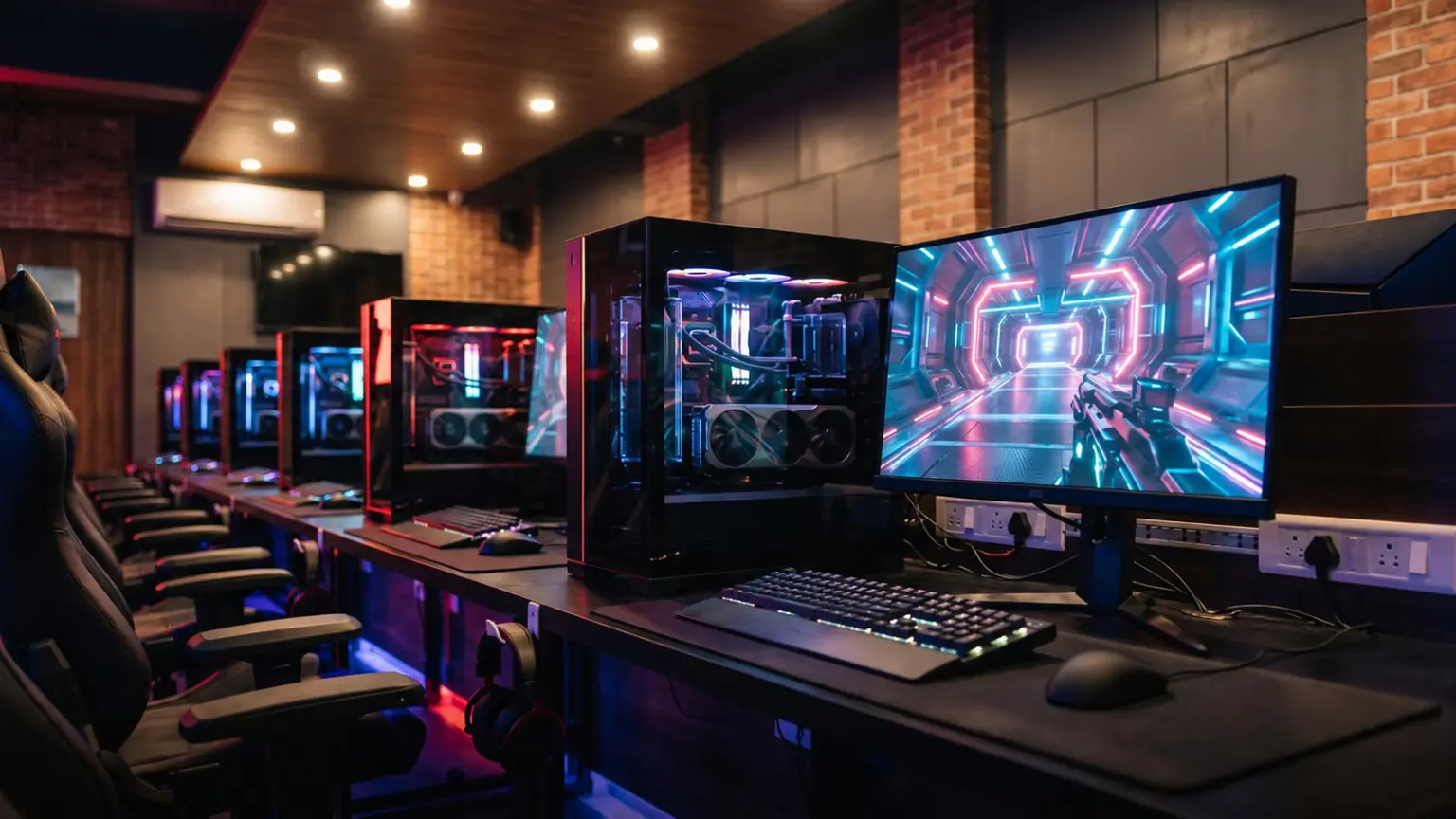 Row of high end gaming PCs with glass side panels and fast monitors in a premium gaming cafe
