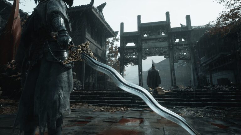 Phantom Blade Zero swordsman holding a curved blade in a rainy courtyard before a stone gate