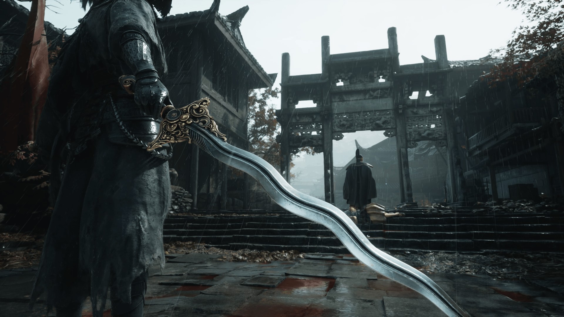 Phantom Blade Zero swordsman holding a curved blade in a rainy courtyard before a stone gate
