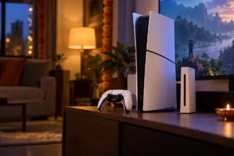 White two tone game console standing upright with a controller on a TV unit with festive lights at dusk