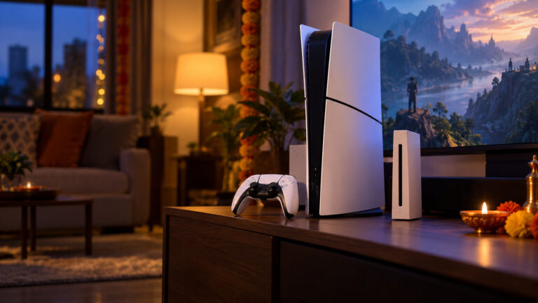 White two tone game console standing upright with a controller on a TV unit with festive lights at dusk