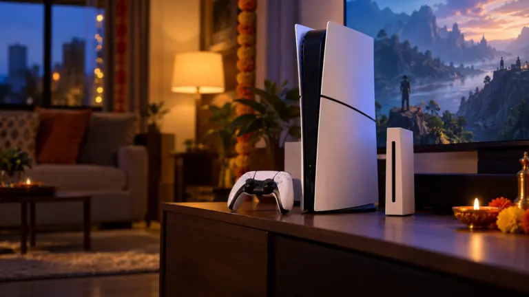 White two tone game console standing upright with a controller on a TV unit with festive lights at dusk