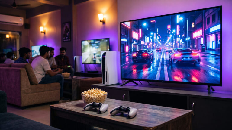 Console gaming lounge with sofas, a slim white console by a big TV and two white controllers on a table