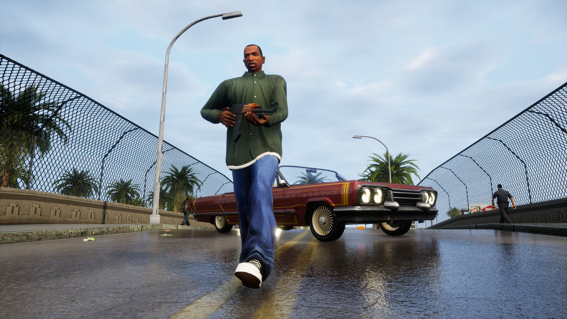 CJ walking away from a lowrider on a rain soaked bridge in the Definitive Edition