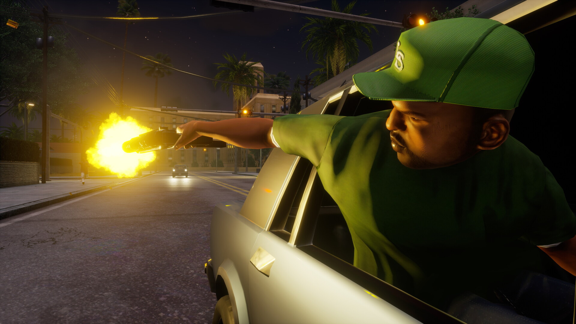 A Grove Street member in a green cap firing from a car window at night