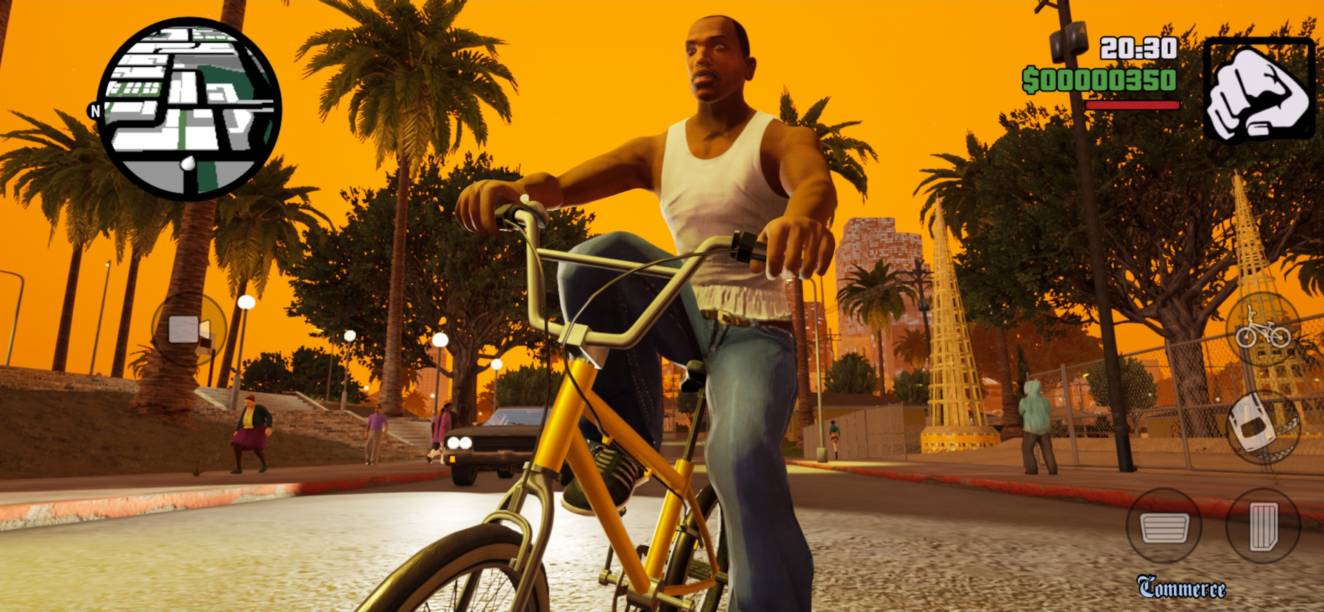 CJ riding a BMX at sunset with phone game controls on screen