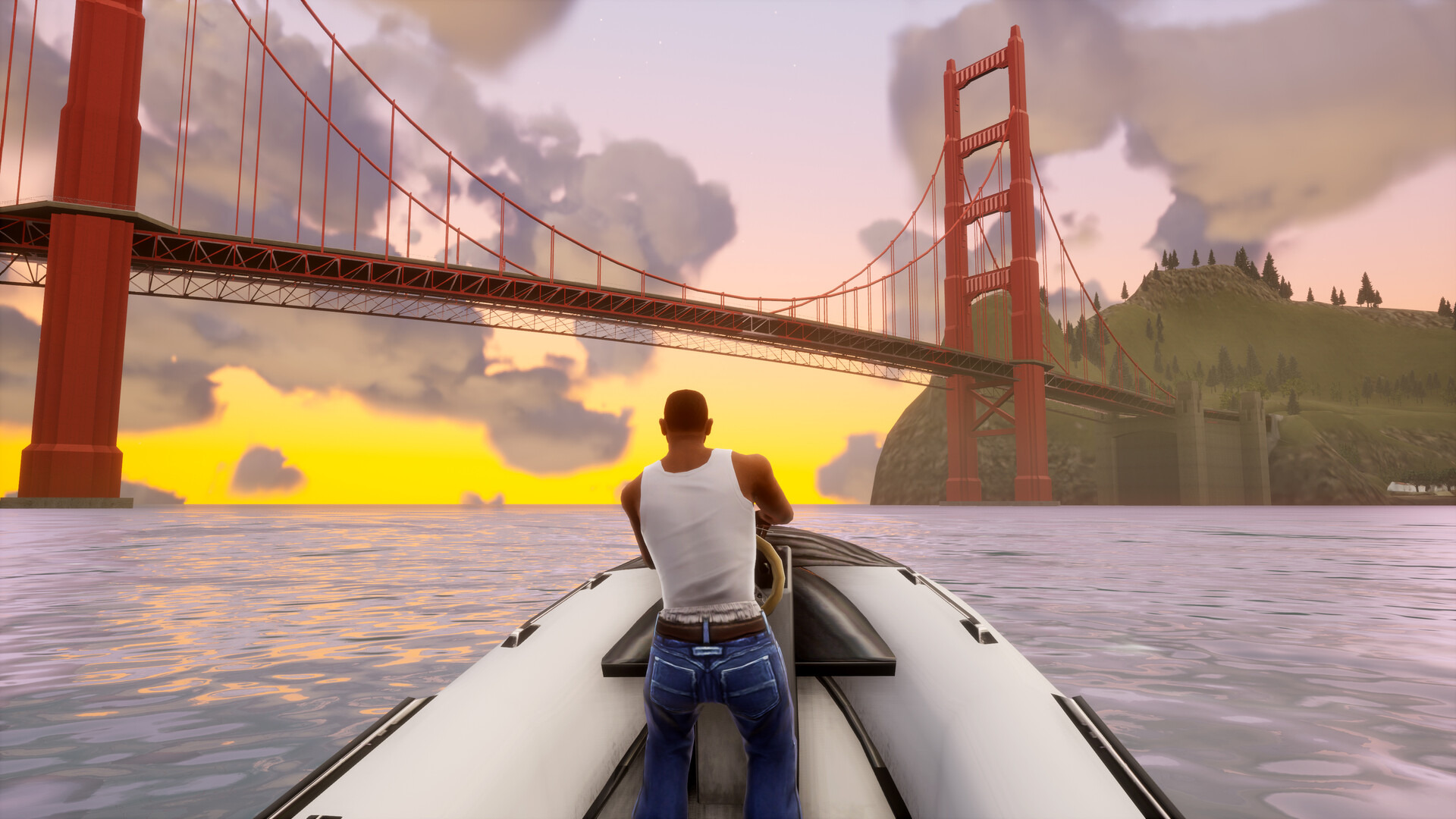 CJ steering a dinghy towards a red suspension bridge in San Fierro at sunset