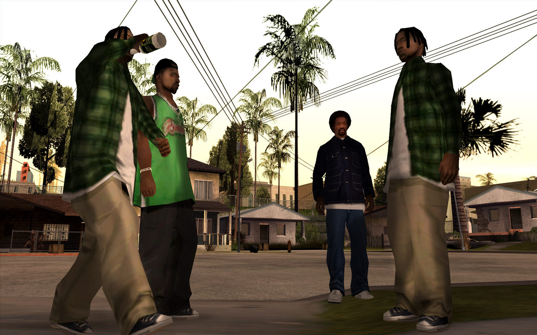 Grove Street Families members in green standing on a Ganton street