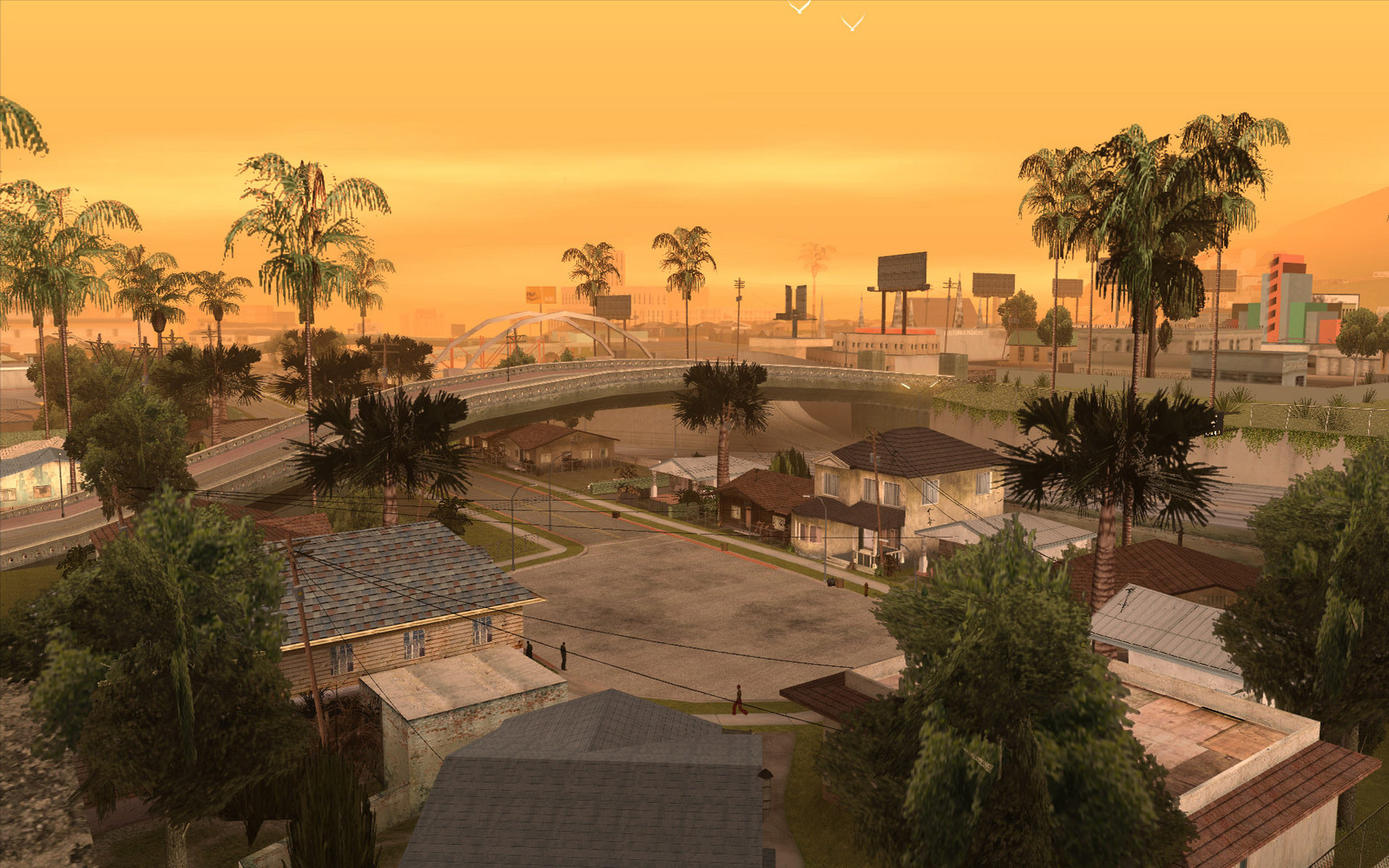 Los Santos neighbourhood and freeway seen from above at sunset
