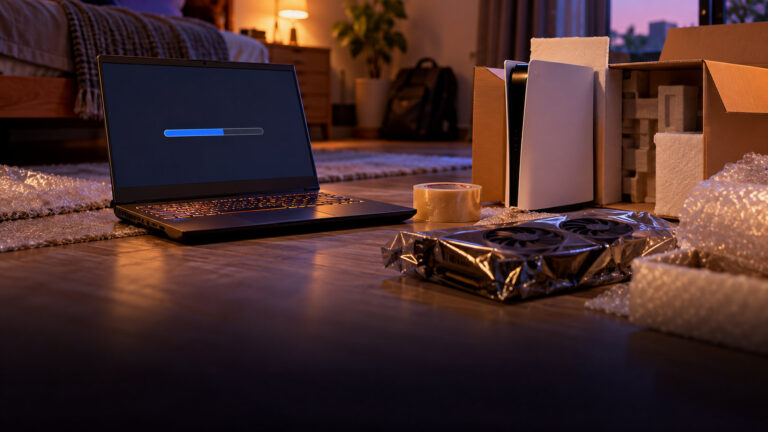 Gaming laptop wiping data next to a console being packed into a box with bubble wrap and tape