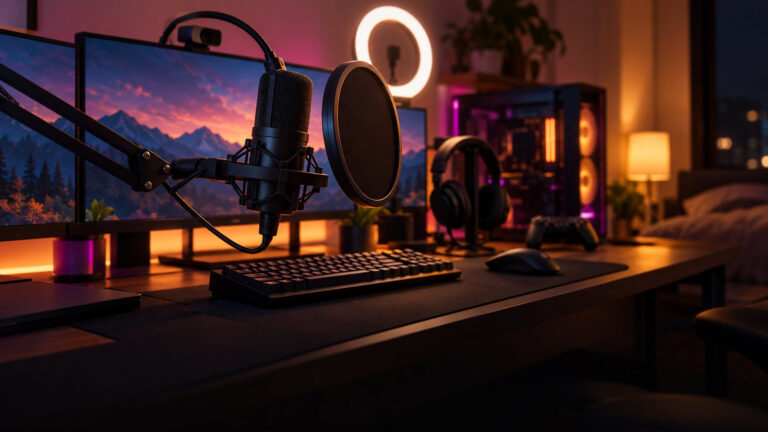 Condenser mic on a boom arm with a webcam, ring light and headset at a streaming desk at night