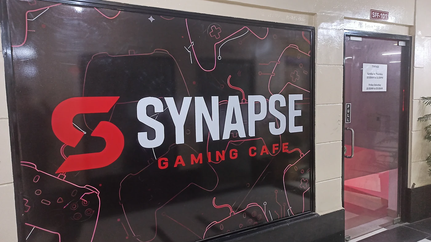 The branded front of Synapse Gaming Cafe at unit SFF-101, Palam Triangle