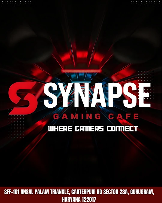 Synapse Gaming Cafe poster with its Palam Triangle address, December 2025