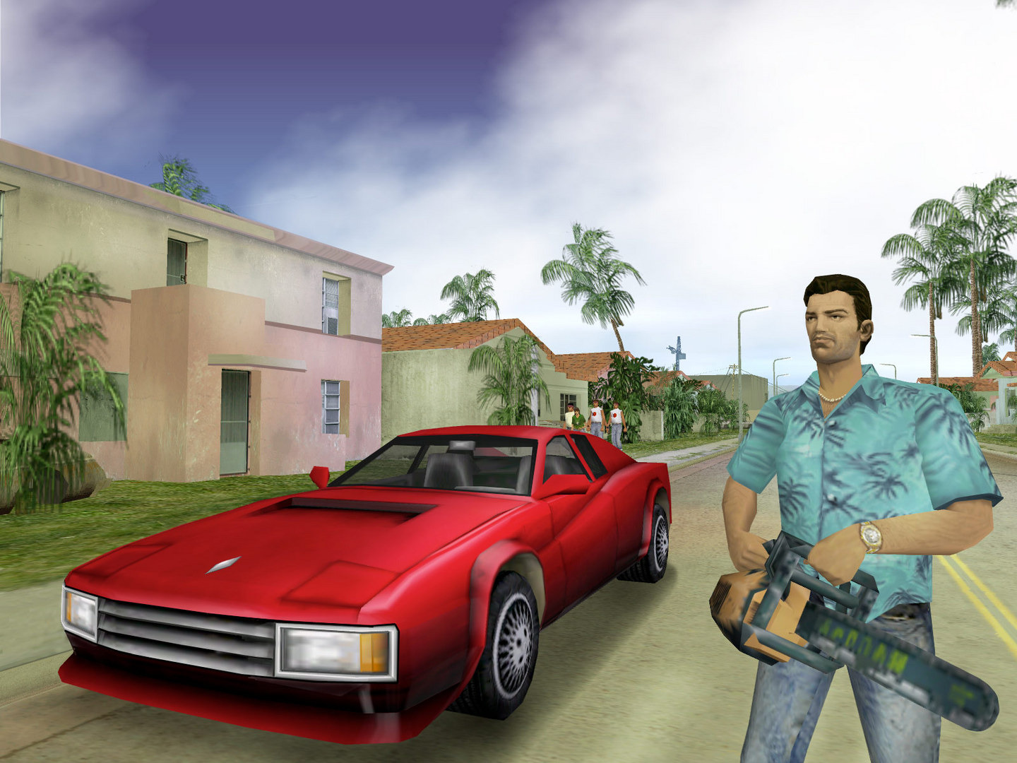 Tommy holding a chainsaw next to a red sports car