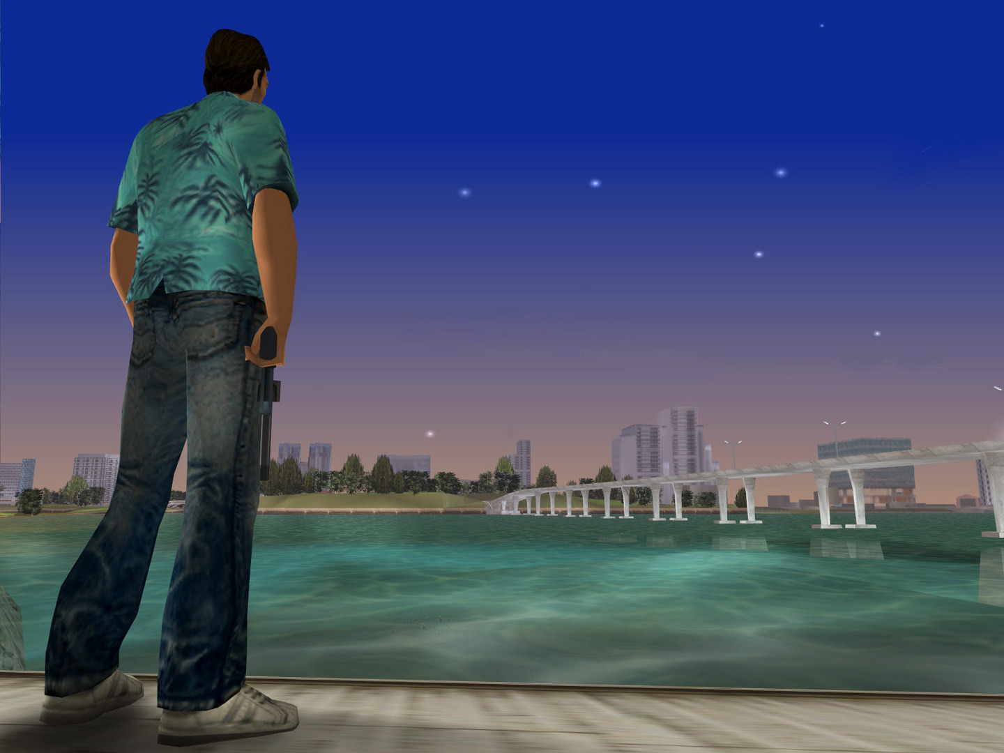 Tommy seen from behind, looking at the Vice City skyline across the water at night