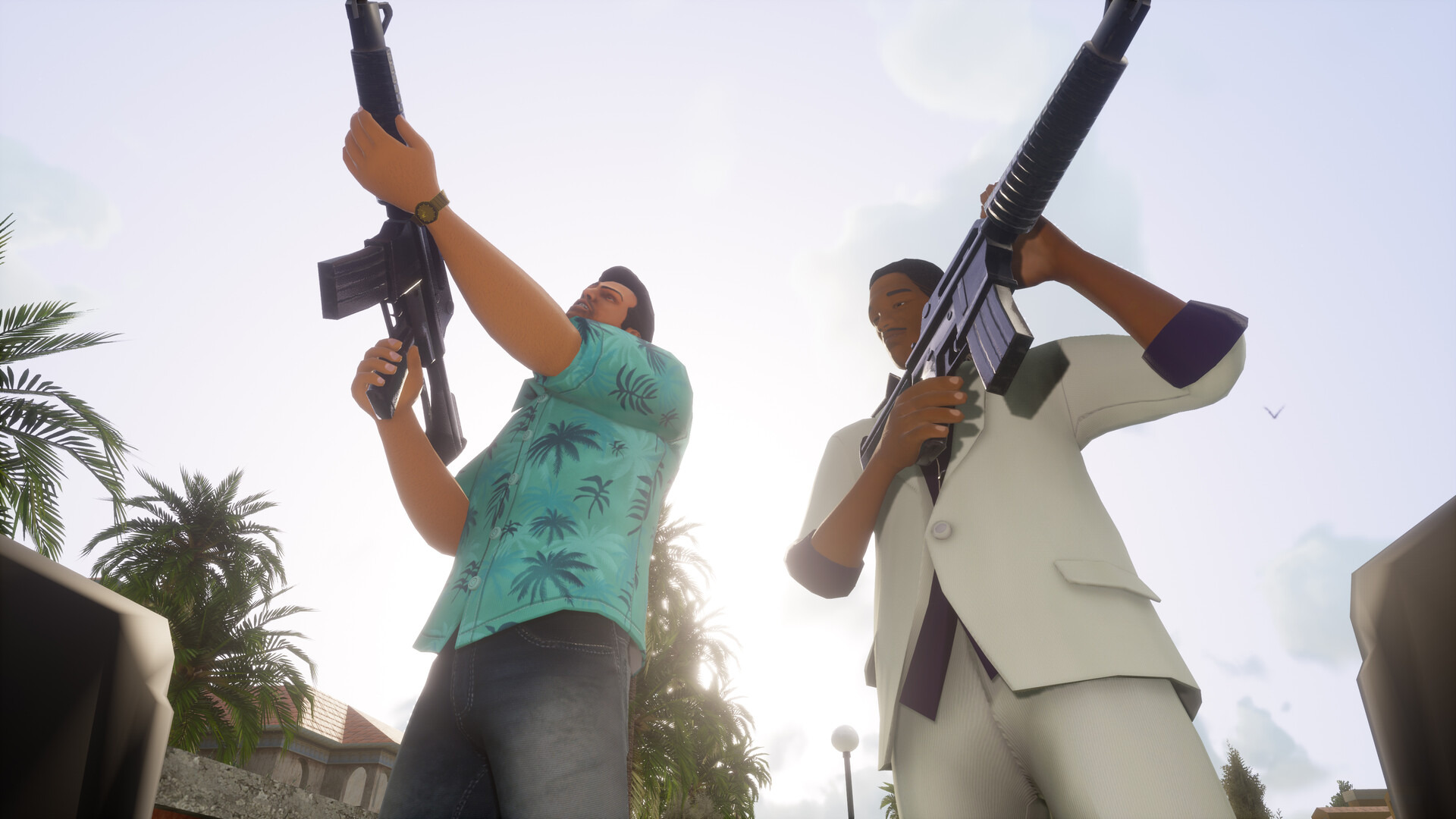 Tommy and Lance firing assault rifles under palm trees in the Definitive Edition