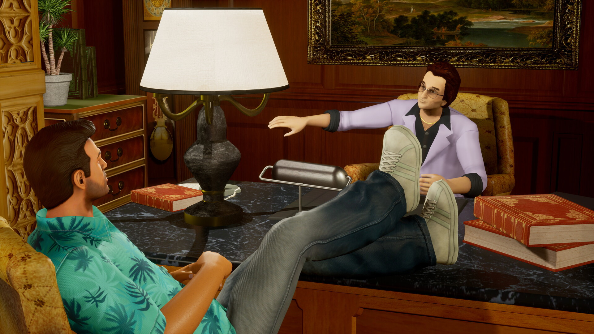 Tommy Vercetti and an associate relaxing in the mansion office