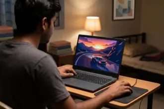 Illustration: young gamer playing a racing game on an unbranded budget laptop at a bedroom desk at night