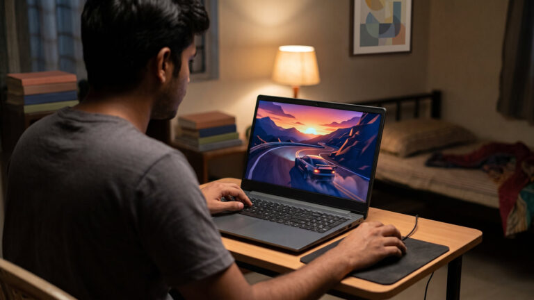 Illustration: young gamer playing a racing game on an unbranded budget laptop at a bedroom desk at night