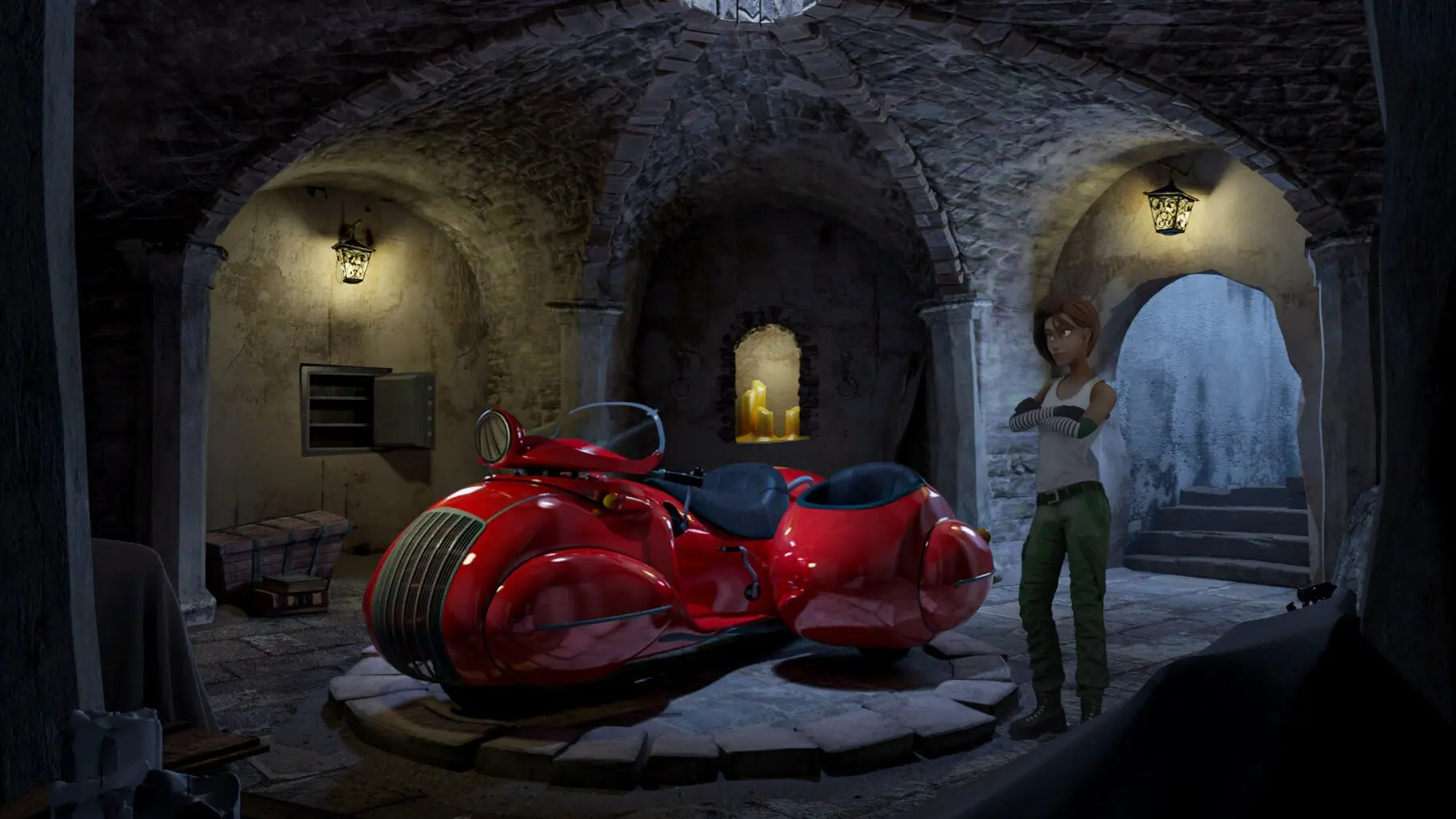 Margaret in a stone cellar next to a red streamlined motorbike