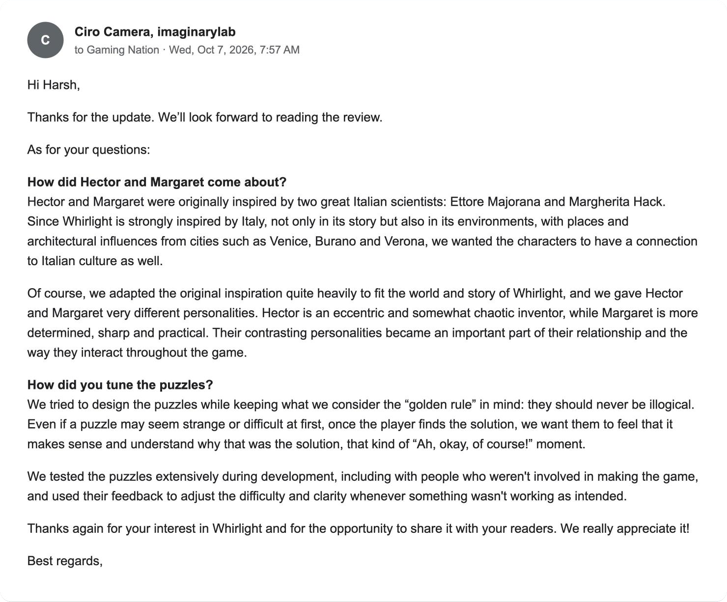 Screenshot of Ciro Camera of imaginarylab emailing Gaming Nation on 7 October 2026 with answers about Hector, Margaret and the puzzles