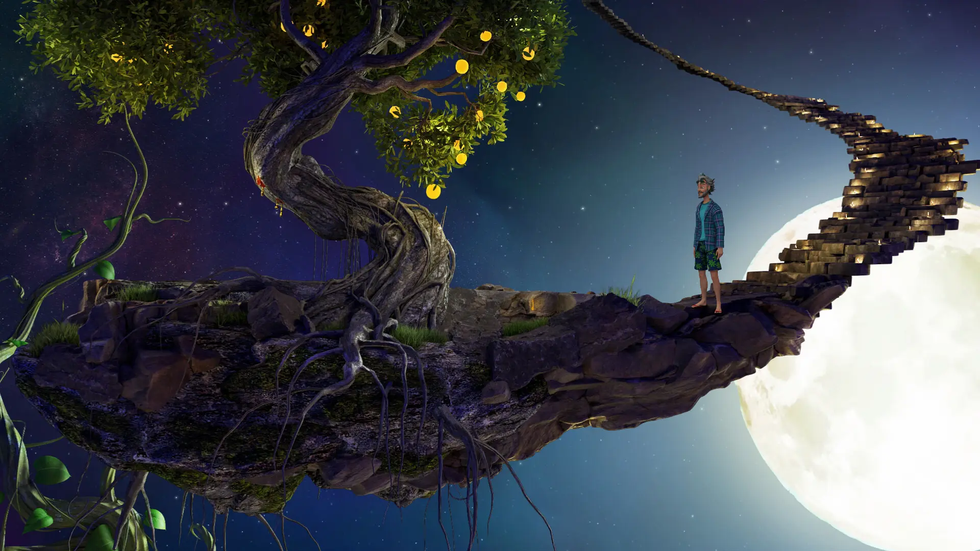 A character on a floating rock island under a huge full moon
