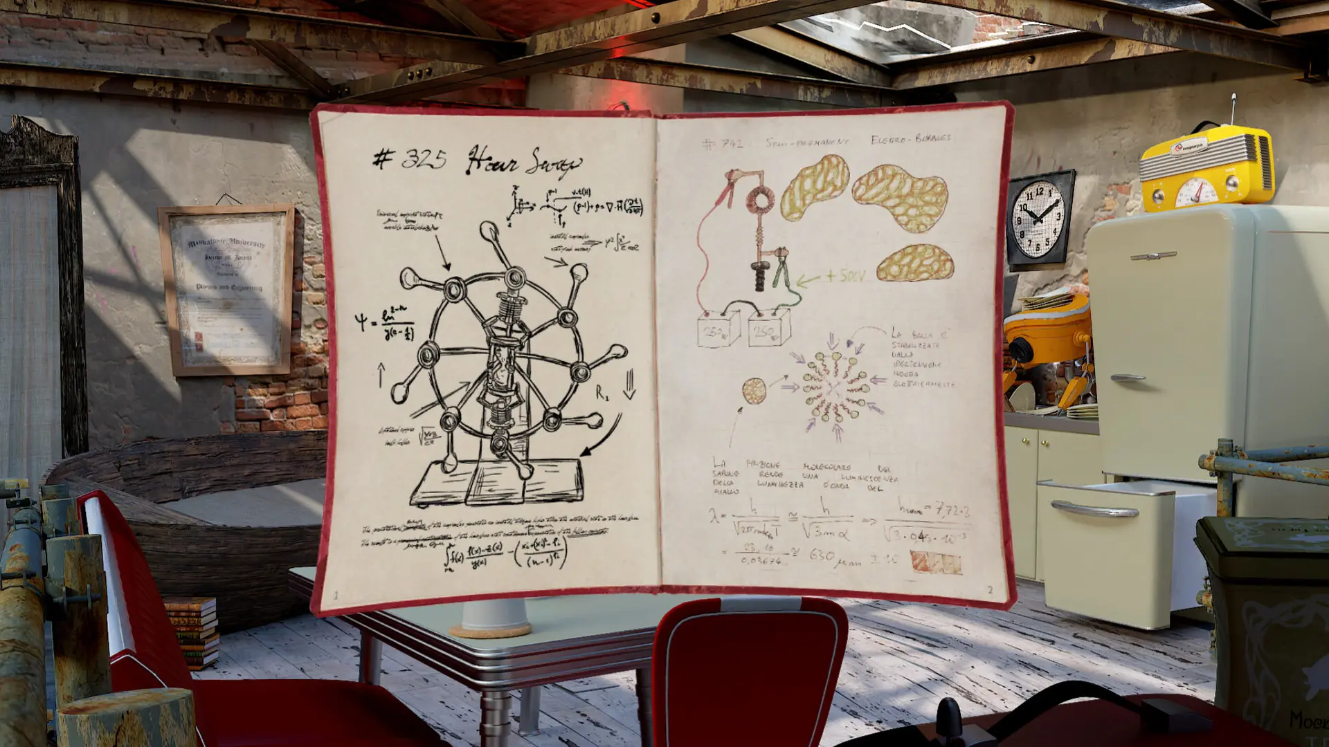 Open notebook page with a sketched machine design on a workbench