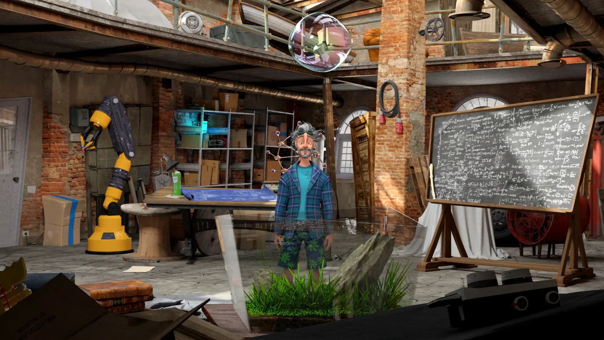Hector standing in his cluttered inventor workshop with a chalkboard of formulas