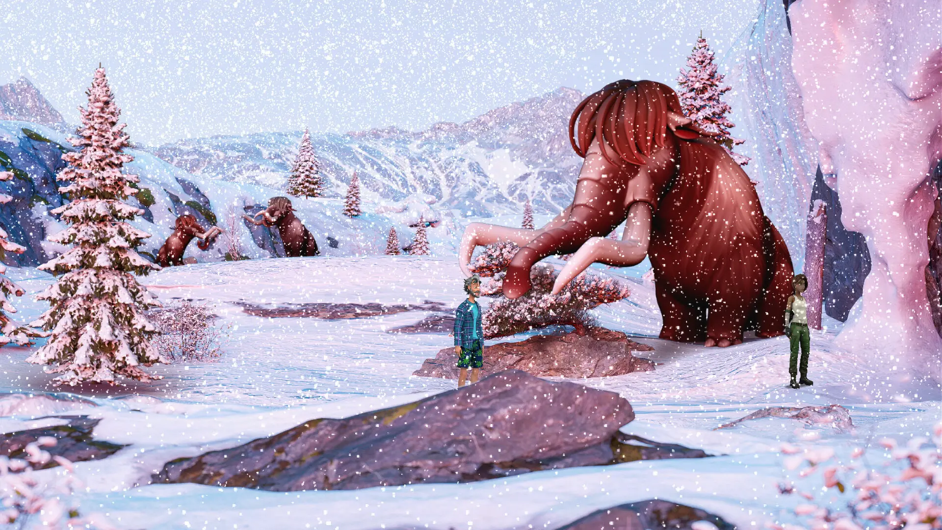 Hector and Margaret beside a woolly mammoth in a snowy valley