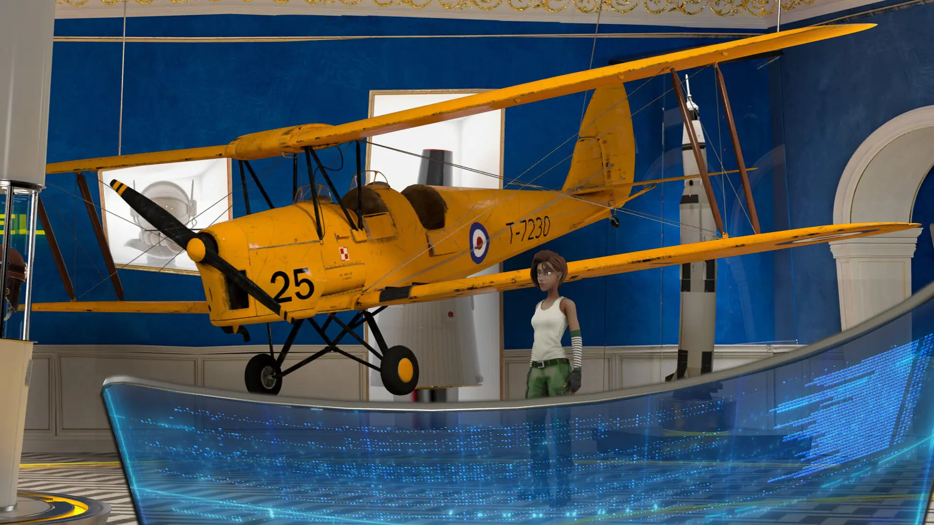 Margaret in a museum hall under a yellow vintage biplane