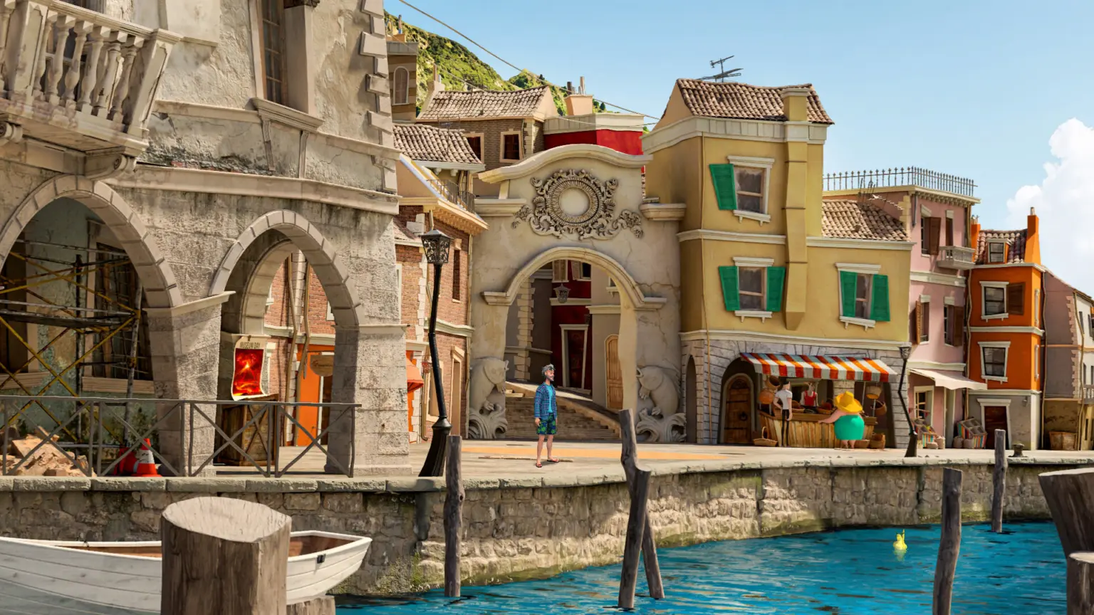 Sunny canal harbour in Verice Bay with colourful Italian style houses