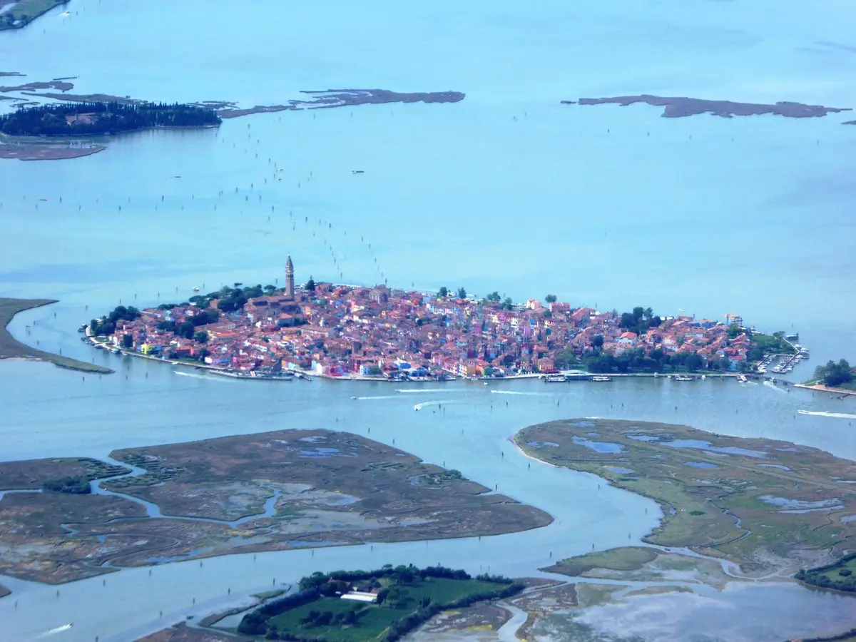 Aerial view of the island of Burano in the Venetian lagoon