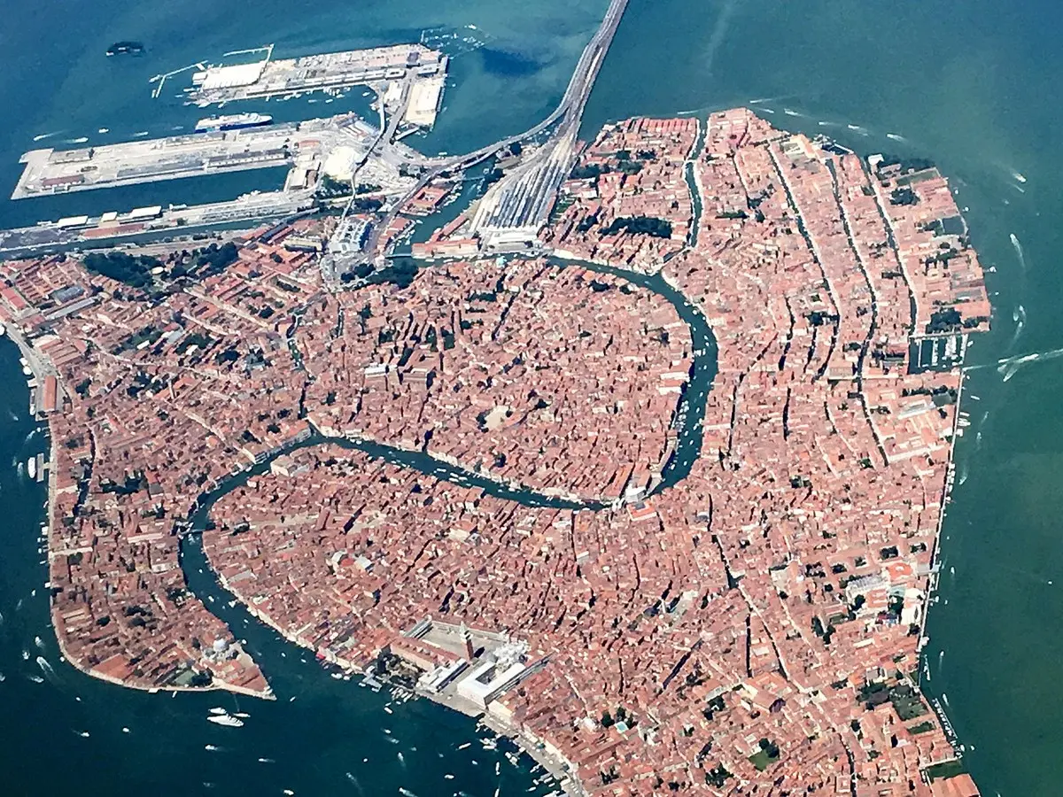 Aerial view of Venice and the S-shaped Grand Canal