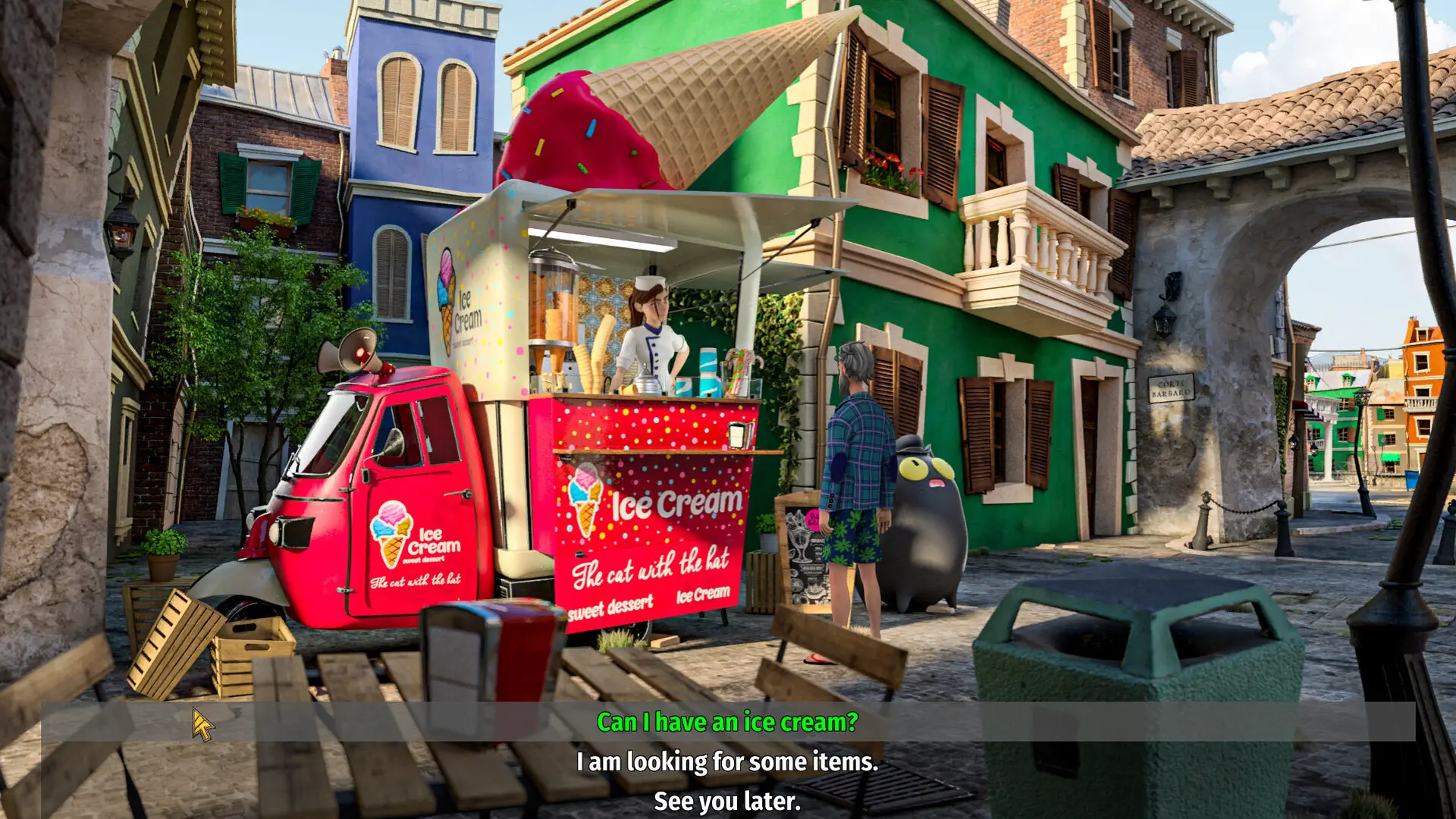 Margaret asking for an ice cream at a red three wheeler ice cream van in a colourful street