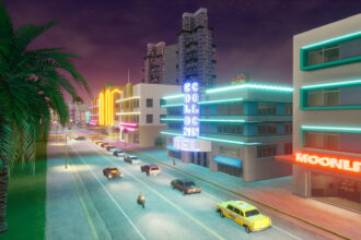 Neon lit Vice City street at night with palm trees and a yellow taxi