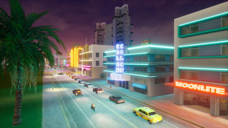 Neon lit Vice City street at night with palm trees and a yellow taxi